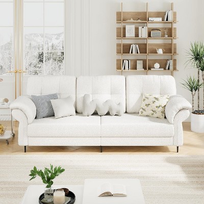 Couches for Living Room, 84 Inch Minimalist Comfy Teddy Velvet Sofa with 2 Removable Pillows, Curved Armrests, Side Pockets Included