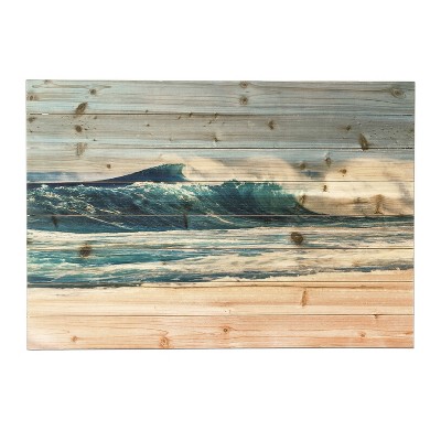 24" x 36" Waves Crashing Print on Planked Wood Wall Sign Panel - Gallery 57