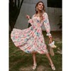 Coolmee Women's Flowy Long Sleeve Square Neck Floral Midi Dress Smocked Spring Fall Wedding Guest Dresses with Belt - 3 of 4