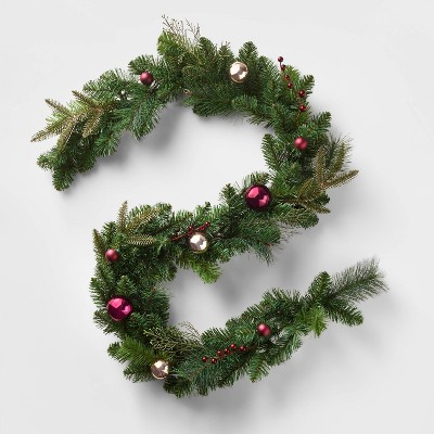 6ft Unlit Mixed Greenery with Burgundy/Gold Ornaments Shatterproof Artificial Garland - Wondershop™