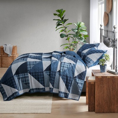 Blue Cotton Patchwork King Quilt Set with Shams