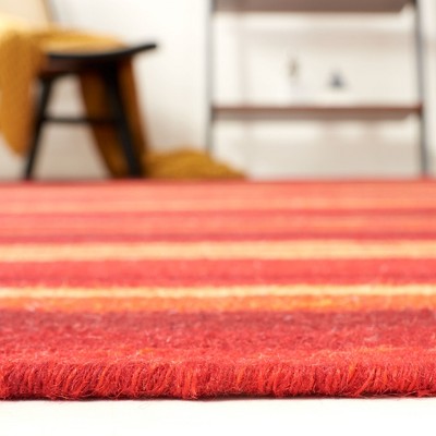 Red Striped Wool 4' x 6' Flat Woven Reversible Area Rug