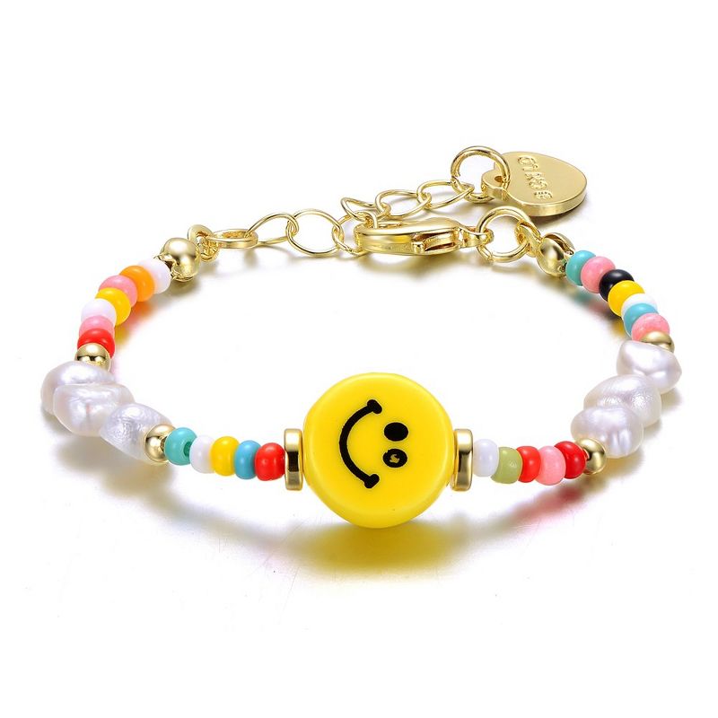 Guili 14k Yellow Gold Plated Multi Color Beads Bracelet with Freshwater Pearls and a Smiley Charm for Kids, 1 of 3