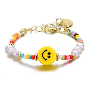 Guili 14k Yellow Gold Plated Multi Color Beads Bracelet with Freshwater Pearls and a Smiley Charm for Kids