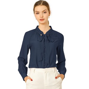 Allegra K Women's Work Office Long Sleeve Button Decor Elegant Bow Tie Neck Blouse - 1 of 4