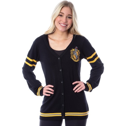 Harry Potter Womens Hufflepuff House Open Front Cardigan Juniors Knit Sweater XS Black