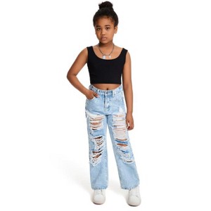 Mocamel New Snowflake Water Wash Distressed Design Wide Leg Jeans for Teenage Girls - 1 of 4