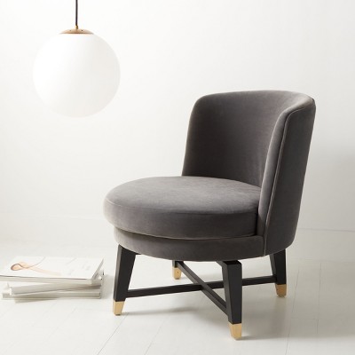 Charcoal Velvet Swivel Slipper Chair with Brass Accents