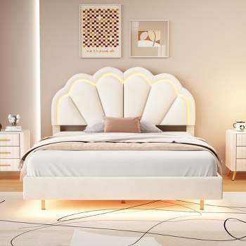Queen Upholstered Floating Velvet Smart Platform Bed With LED Lights, Metal Legs, Flowers Headboard, Remote Control