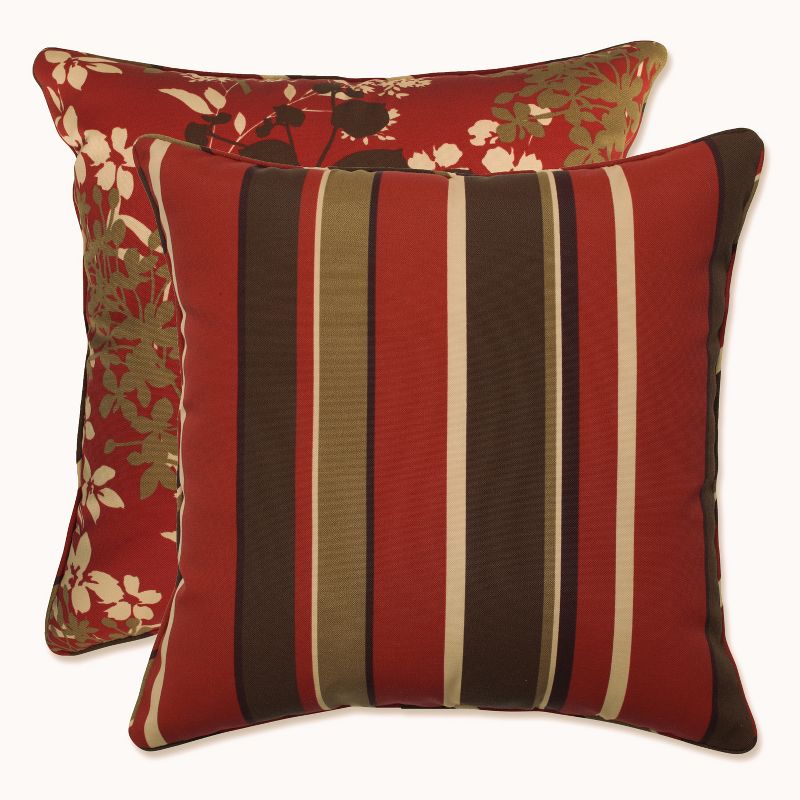 2-Piece Outdoor Reversible Square Pillow Set - Brown/Red Floral/Stripe 18&#34; - Pillow Perfect, 3 of 10