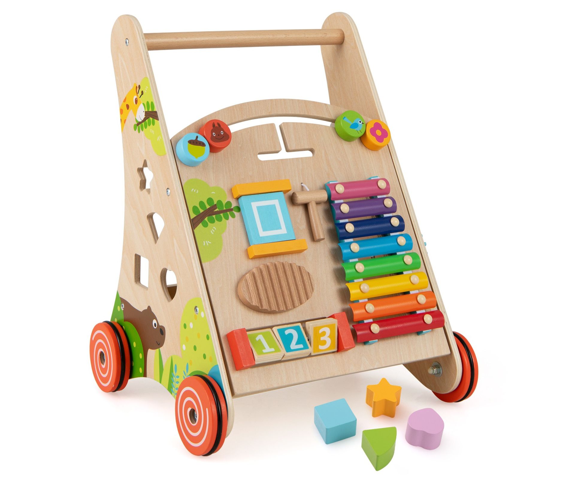 Wooden Push and Pull Baby Walker with Handle and Storage, Natural