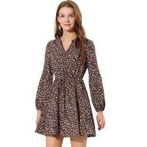 Allegra K Women's Floral Print Button Front Puff Sleeve Tie Waist Shirt Dress - 1 of 4
