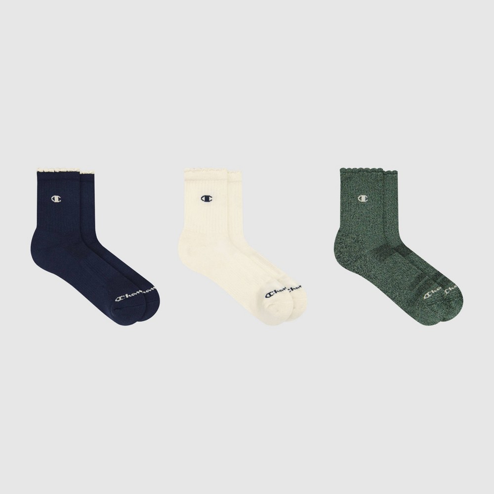 Champion Women's Ruffle Scallop Cuff High Socks 3pk - Blue/Cream/Green 4-10