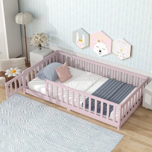 Whisen Twin Bed & Rubber Wood Floor Bed with Fence without Door, Multi - Functional Floor Bed for Kids' Sleep & Play - 1 of 4