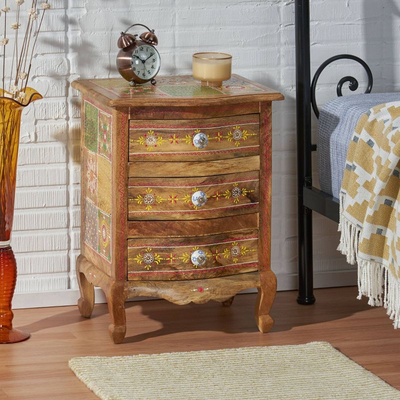 Ailey Handcrafted Boho Mango Wood 3 Drawer Nightstand Natural - Christopher Knight Home, 3 of 14