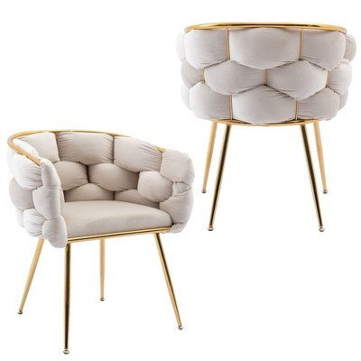 Beige Velvet Upholstered Accent Chair Set with Gold Metal Legs