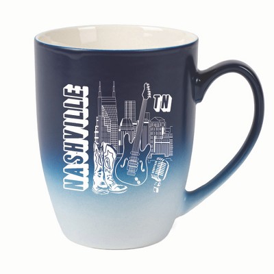 Elanze Designs Nashville TN Two Toned Ombre Matte 10 ounce New Bone China Coffee Tea Cup Mug, Navy Blue and White