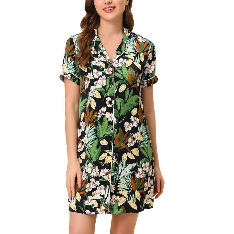 cheibear Womens Nightgown Pajama Satin Sleepshirt Button Down Floral Lounge Shirt Dress, 2 of 6