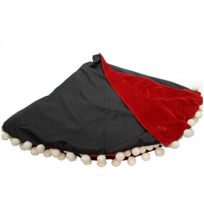 Red Velvet Christmas Tree Skirt with Pom Poms and Stitching