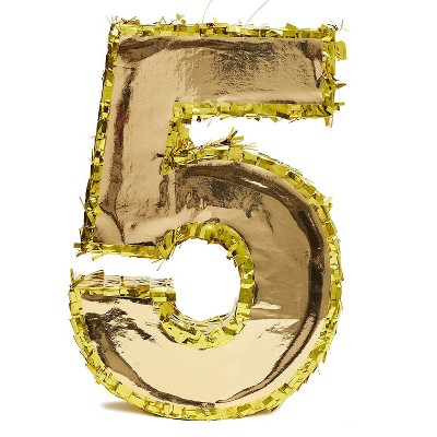 Juvale Small Number 5 Gold Foil Pinata, Fifth Birthday Party Supplies, 15.5 x 10.5 x 3 Inches