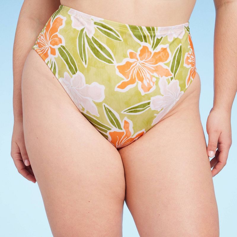 Women's Ribbed High Waist High Leg Medium Coverage Bikini Bottom - Shade & Shore™ Lime Green Floral Print, 1 of 4
