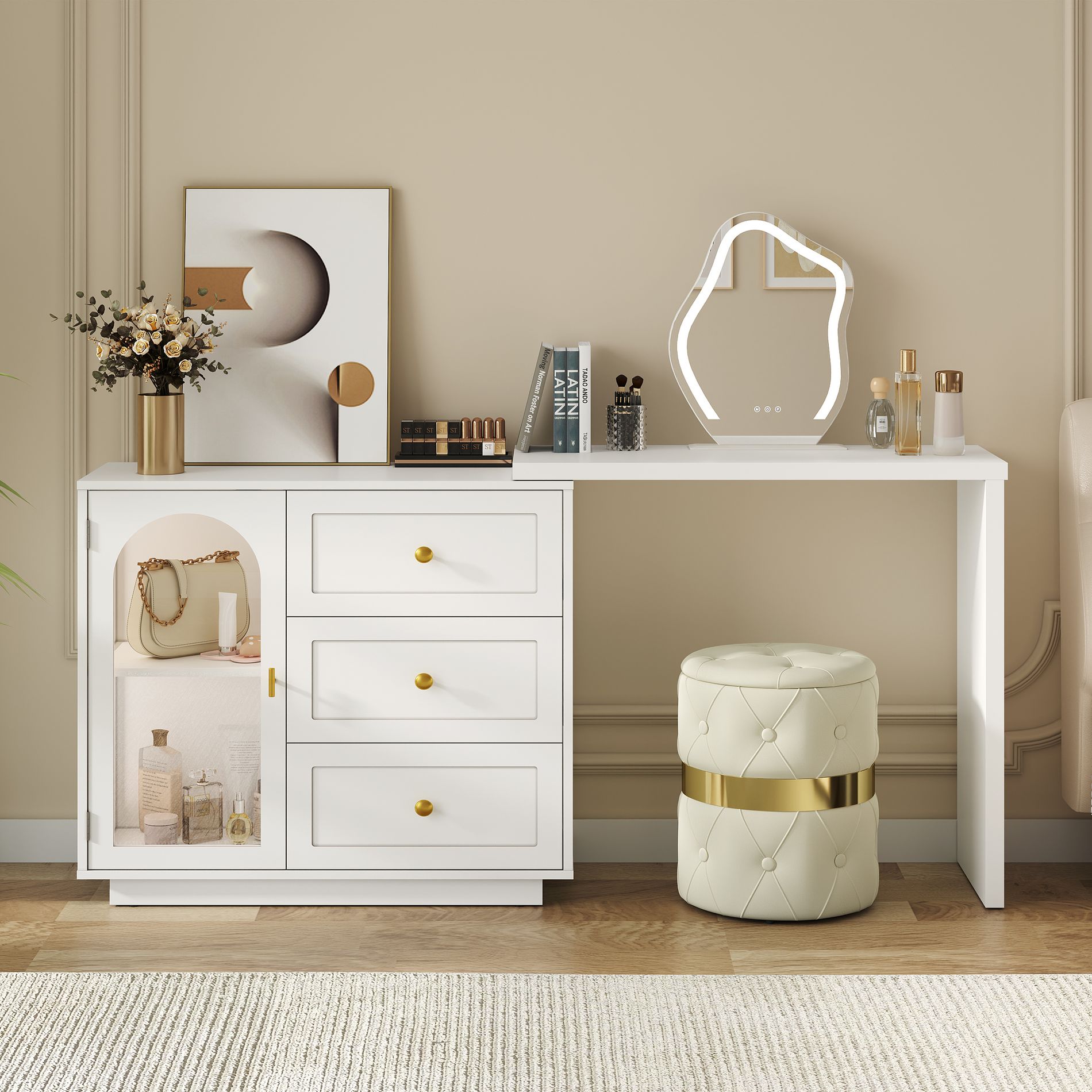 Heynemo Makeup Vanity Desk, Extendable Corner Vanity Makeup Table with 3 Drawers & 1 Door, Modern Dressing Table for Bedroom white Set of 1