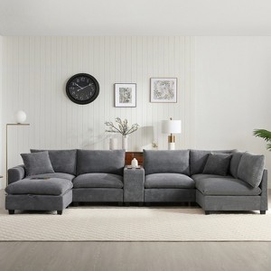 Whisen Modern Chenille 4-seat Sectional Sofa with Ottoman, L-Shaped Cloud Couch Set with Throw Pillows - 1 of 4
