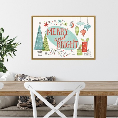 Merry and Bright Christmas Tree Canvas Print with Gold Frame