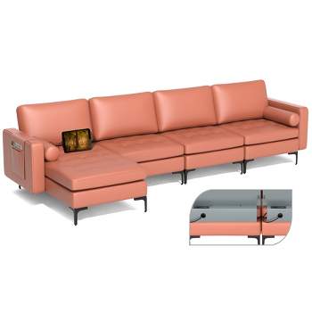 Costway Modular L-shaped Sectional Sofa with  Reversible Chaise & 4 USB Ports Coral Pink/Grey