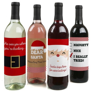 Big Dot of Happiness Funny Jolly Santa Claus - Christmas Party Decorations for Women and Men - Wine Bottle Label Stickers - Set of 4