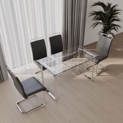 NicBex Kitchen Table Chairs Set for 4 Modern Dining Room Table with Glass Tabletop, Geometric Legs and 4 PU Chairs for Dining Room