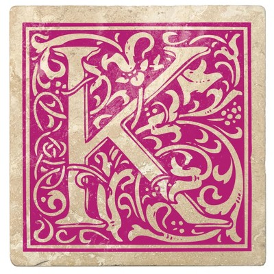 Christmas by Krebs 4pc Ivory and Tutti Frutti Pink Alphabet "K" Square Monogram Coasters 4"