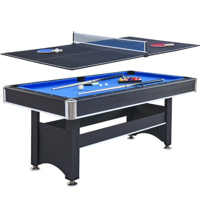 6-FT Pool Table with Table Tennis Top, 2-in-1 Multi Game Table with Net, 2 Table Tennis Paddles , 2 Balls and 2 Wood Cues, 15 Balls + 1 White Ball