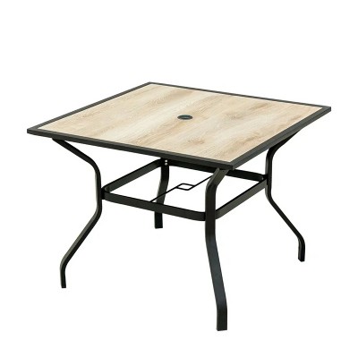 37'' Outdoor Patio Dining Table Square Metal Table with Umbrella Hole and Wood-Look Tabletop