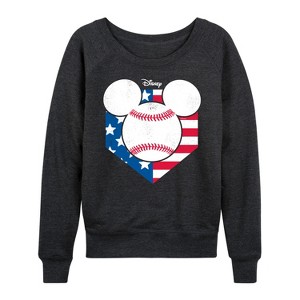 Women's - Disney - Mickey Mouse Baseball Diamon Head USA Lightweight French Terry Wide Neck Long Sleeve Graphic Shirt - 1 of 4