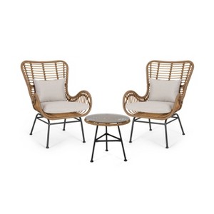 GDFStudio Izidro Outdoor Wicker and Glass 3 Piece Chat Set with Cushions, Light Brown/Beige - 1 of 4