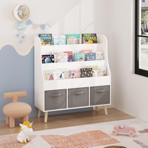 SEVOBAL Decorative Bookshelf Kids Wooden Book Display Organizer with 3 Fabric Storage Bins for Playroom Nursery, White, 31.5"*11.81"*35.43" - 1 of 4