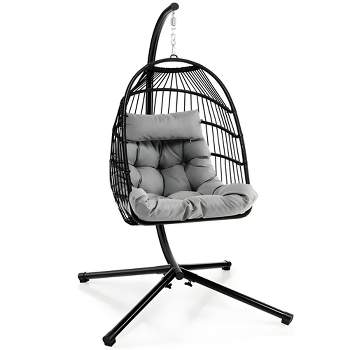 SKONYON Patio Hanging Egg Chair with Stand Swing Foldable Basket Chair with UV-Resistant Cushion for Outdoor Black