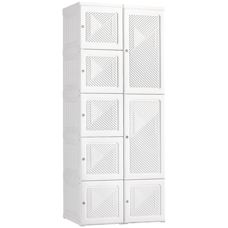 HOMCOM Portable Wardrobe Closet, Folding Bedroom Armoire, Clothes Storage Organizer with Cube Compartments, Hanging Rod, Magnet Doors, White, 1 of 7