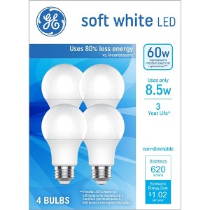 GE 4pk 60W Soft White A19 LED Light Bulbs: Standard E26 Base, 620 Lumens, 2700K, Suitable for Damp Locations, 3-Year Life - 1 of 3