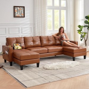 116 Inch Wide Faux Leather Sectional Couch with USB and Cup Holders , Comfy Tufted U Shaped Sofa and Chaise Lounge, Office Leather Sofa - 1 of 4