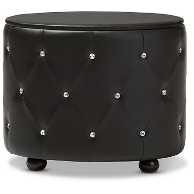 Davina Glam Black Faux Leather Tufted Nightstand with Crystal Knobs