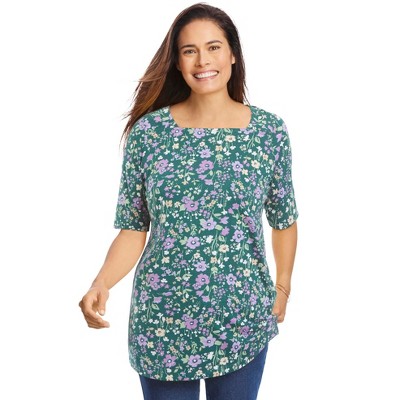 Woman Within Plus Size Printed Perfect Square-Neck Tee