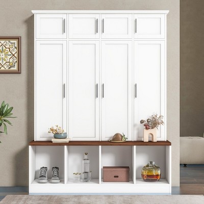 Whisen Versatile Hall Tree with 4 Hooks, Brown Wood Grain Bench, Multiple Storage & Open Compartments
