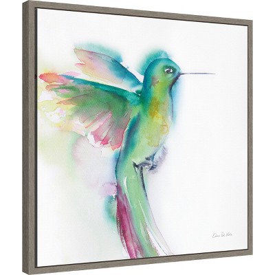Colorful Hummingbird Watercolor Canvas Print in Gray Frame, 22 x 22 inches
