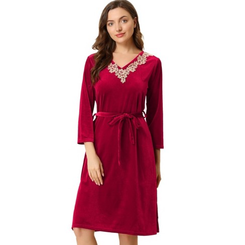 Allegra K Women's Pajama V Neck with Belt Tie Long Sleeve Nightgown Soft  Lounge Midi Sleep Dress Red S