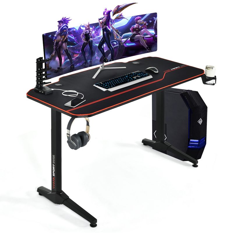 Costway 55'' Gaming Desk T-Shaped Computer Desk w/Full Desk Mouse Pad&Gaming Handle Rack, 1 of 11