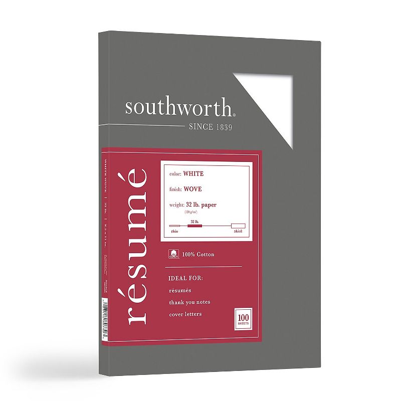 Southworth 100% Cotton Resume Paper White 32 lbs. 8-1/2 x 11 Wove 100/Box RD18CF, 1 of 4