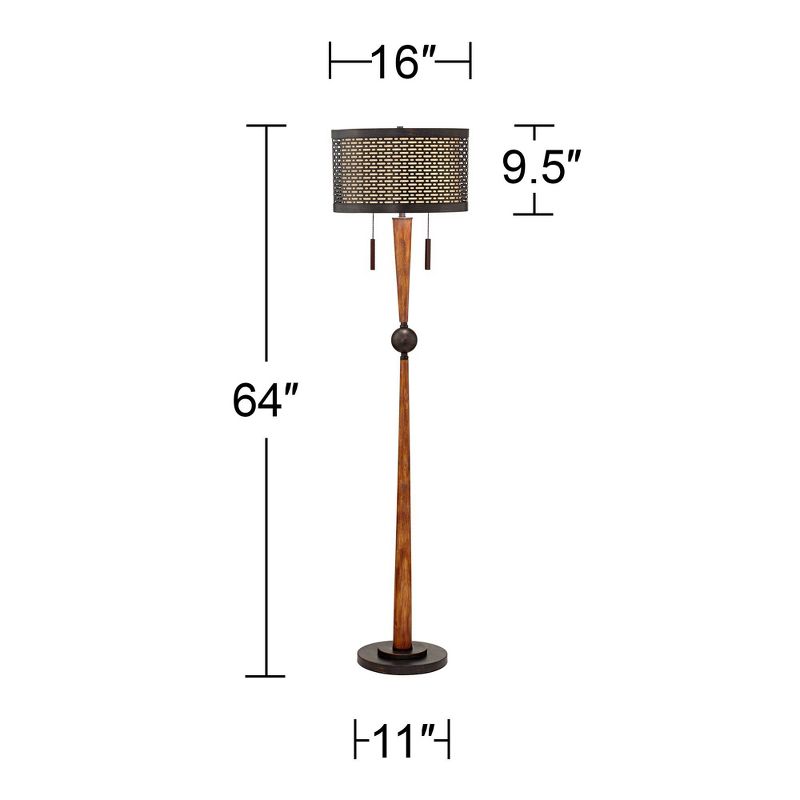Franklin Iron Works Modern Mid Century Farmhouse Rustic Floor Lamp 64" Tall Bronze Cherry Wood Metal Cream Double Drum Shade for Living Room Reading, 4 of 8