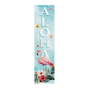 HomeRoots 36" Blue And White Solid Wood Tropical Flamingo Aloha Porch Sign - 1 of 4